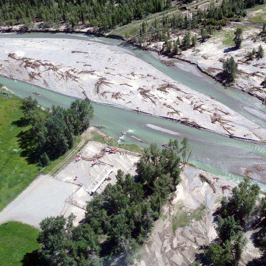 Aerial view of the flood damage to the Elbow River in 2013